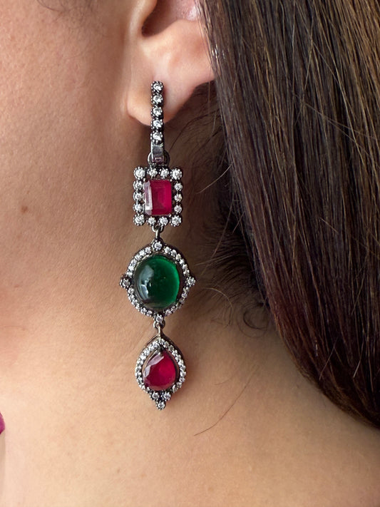 Antique Finish Red and Green Stone Earrings