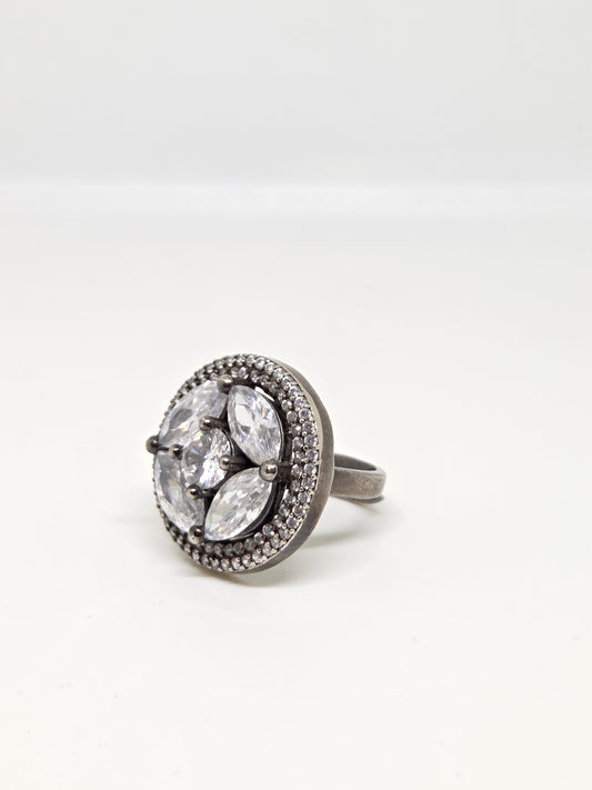 Black Rhodium Finish Flower Zircon Ring