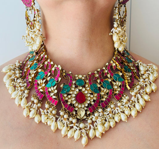 Kundan Multi Stone Necklace Set with Pearl Guccha