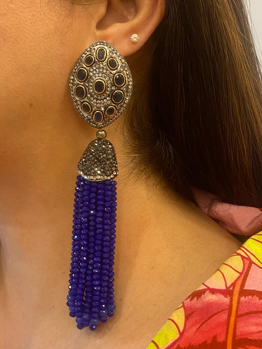 Antique Finish Blue Stone Tassel Earrings