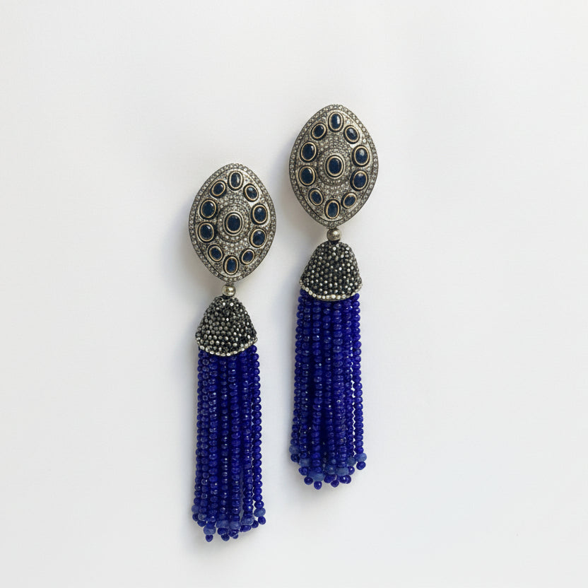 Antique Finish Blue Stone Tassel Earrings
