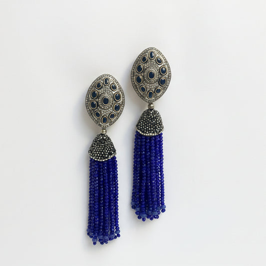 Antique Finish Blue Stone Tassel Earrings