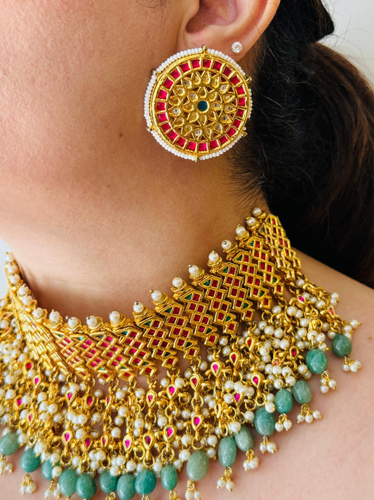 Kundan Choker Set with Red, Green and White Stone Details