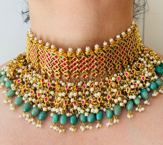 Kundan Choker Set with Red, Green and White Stone Details