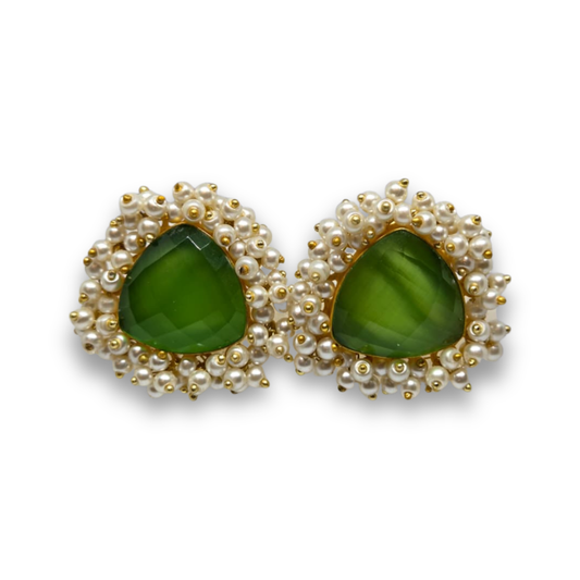 Green Stone & Pearl Cluster Stud Earrings
