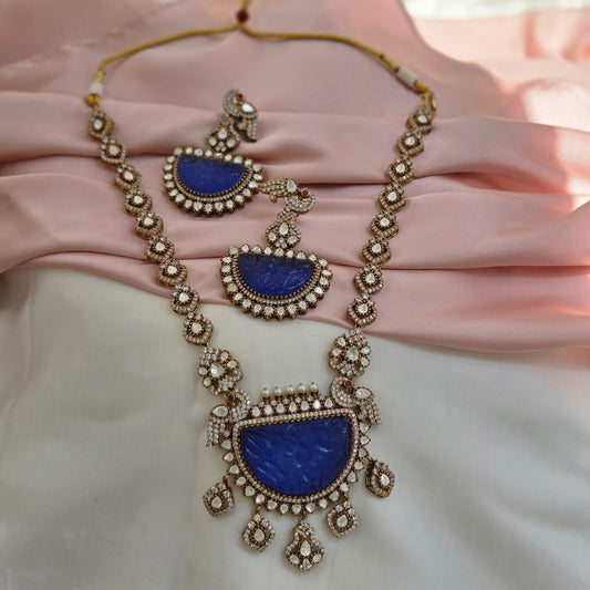 Royal Blue Carved Stone Polki Necklace Set