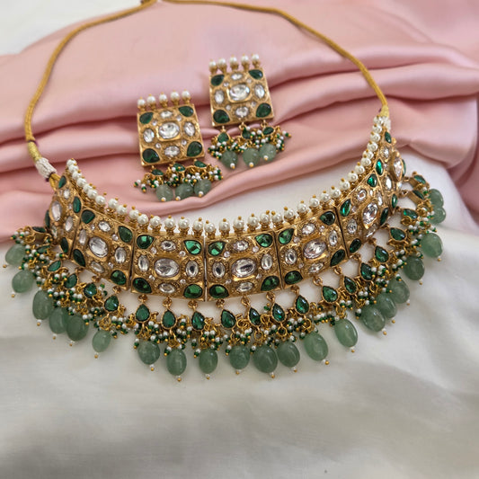 Emerald Green Kundan Polki Bridal Choker Set with Pearl & Jade Drops