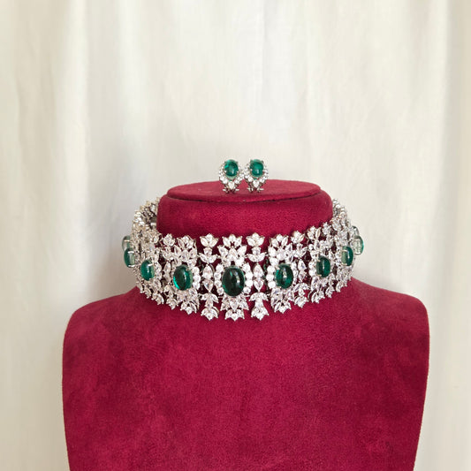 Green Floral Zircon Choker Necklace Set