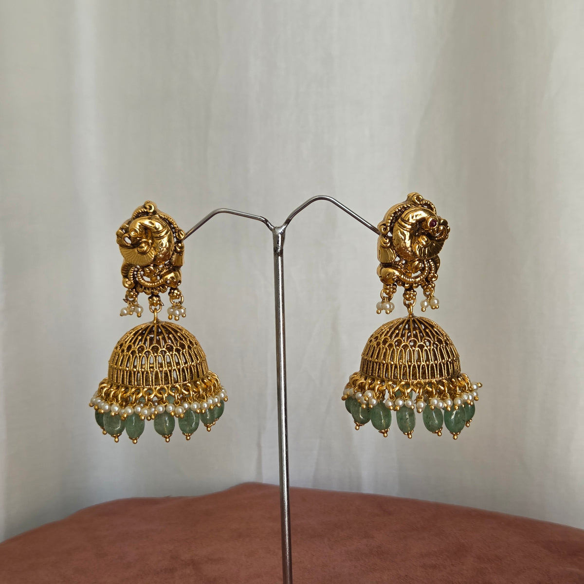 Temple Lakshmi Green Beaded Long Necklace Set