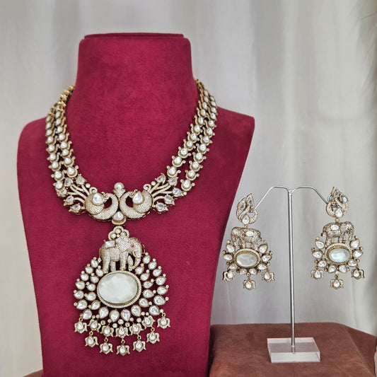 Peacock & Elephant Motif Polki Bridal Necklace Set