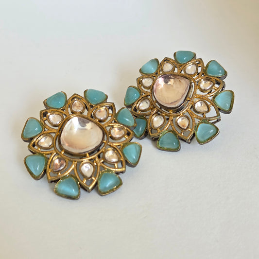 Aqua Stone Kundan Stud Earrings