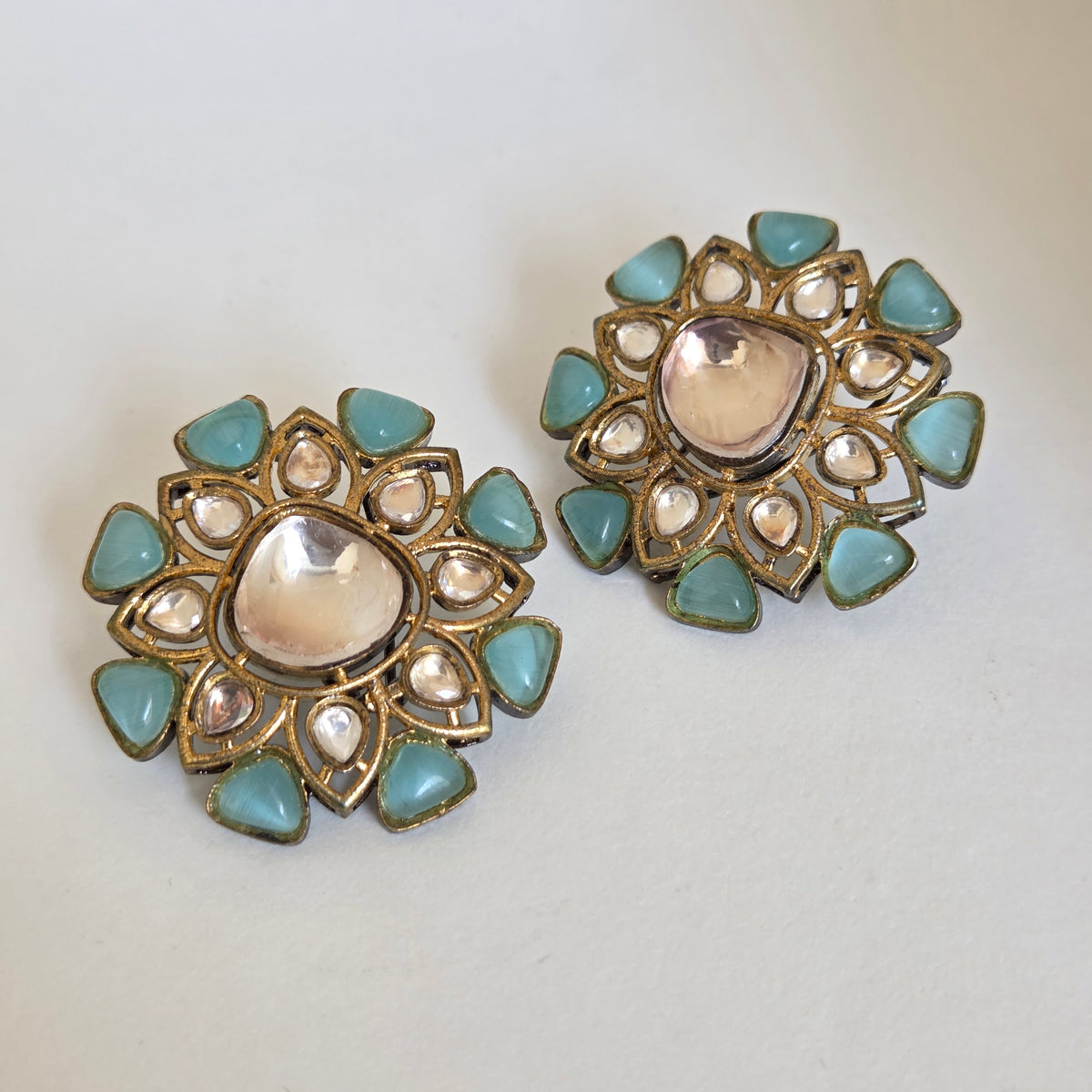 Aqua Stone Kundan Stud Earrings
