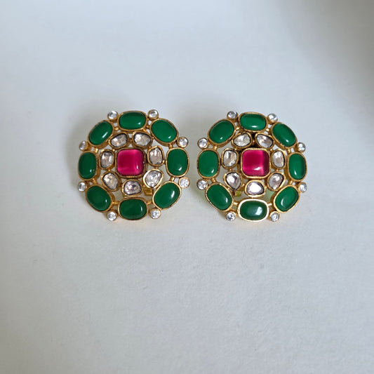 Green Pink Kundan Round Studs