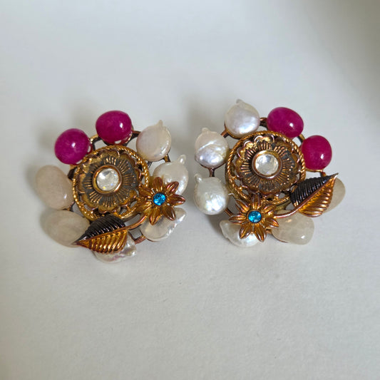 Pearl Ruby Floral Gold Stud Earrings