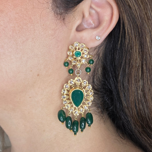Hyderabadi Kundan Long Necklace Set with Green Beads