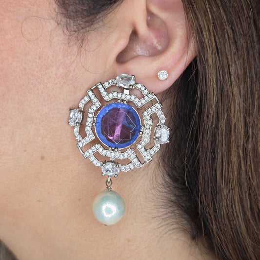 Zircon and Pearl Earrings with Bright Center Stone