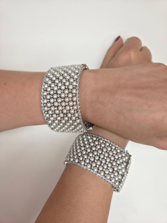 White Pearl Studded Silver Broad Bangle