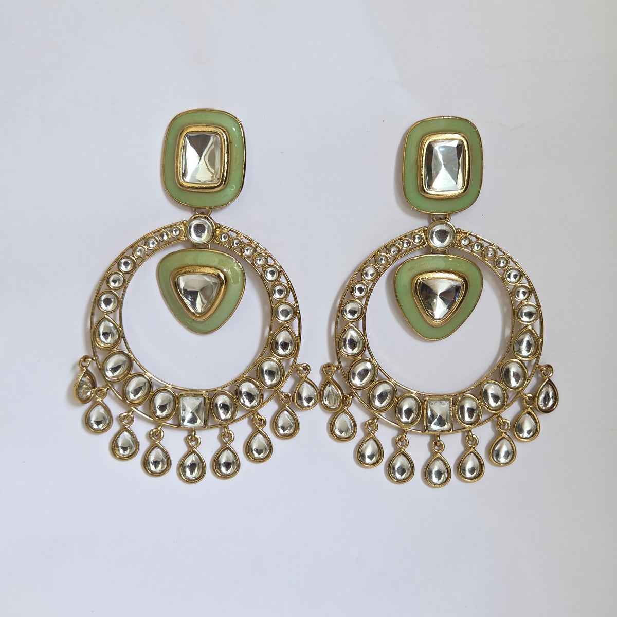 Sage Green Enamel & Kundan Hoop-Style Chandbali Statement Earrings