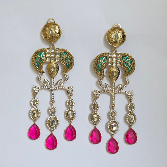 Antique Gold & Kundan Chandelier Earrings with Ruby-Pink Gemstone Drops