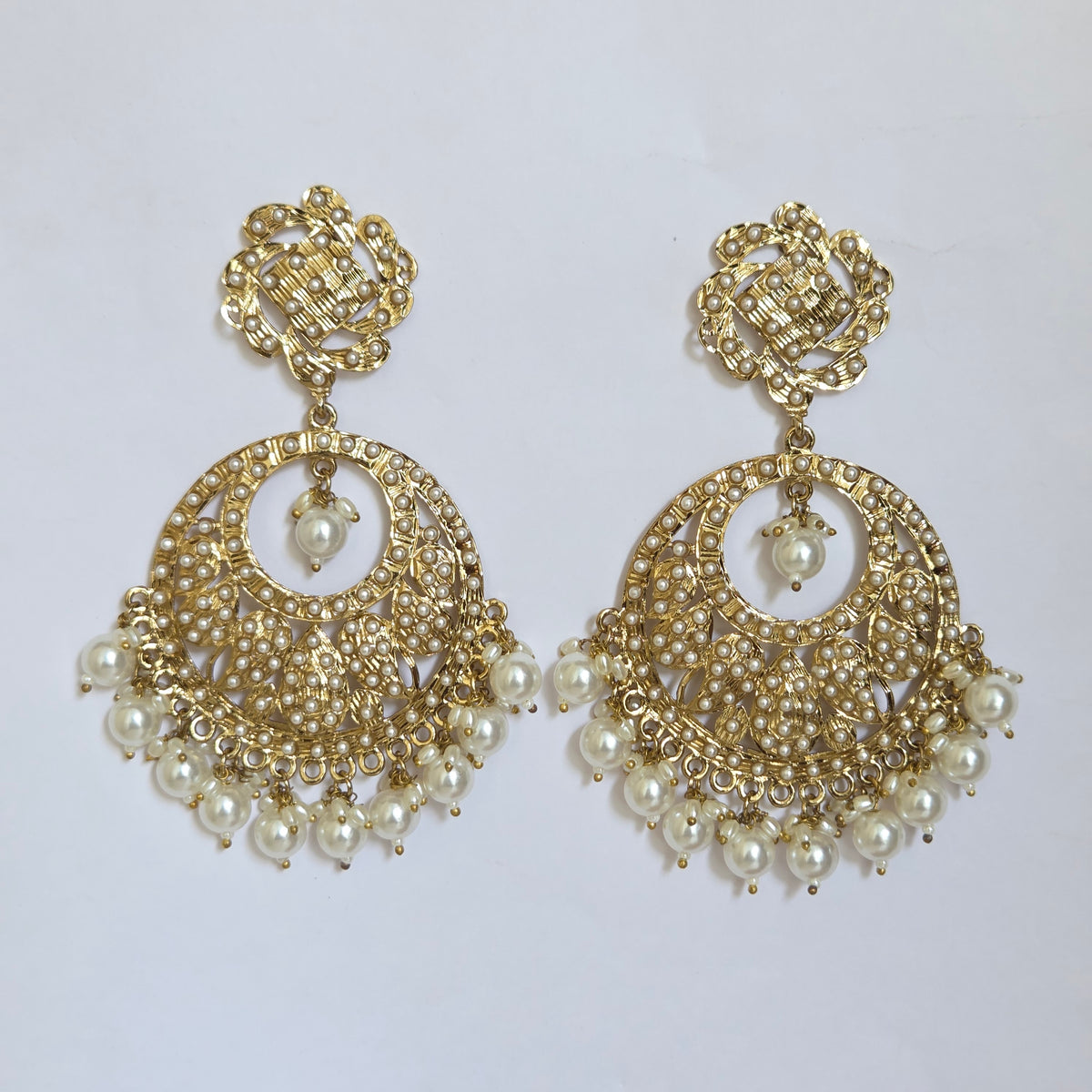 Antique Gold & Micro-Pearl Chandbali Statement Earrings