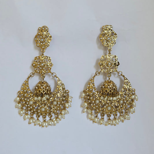 Antique Gold & Pearl Chandbali Statement Earrings with Center Jhumka