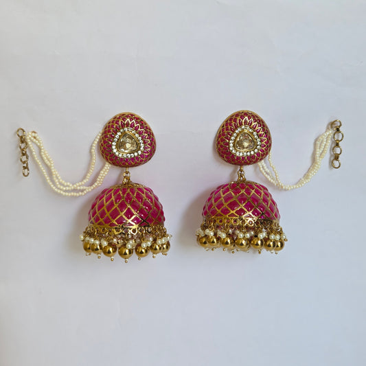 Antique Gold & Green Jaali Work Kundan Jhumka Earrings with Pearl Ear Chains