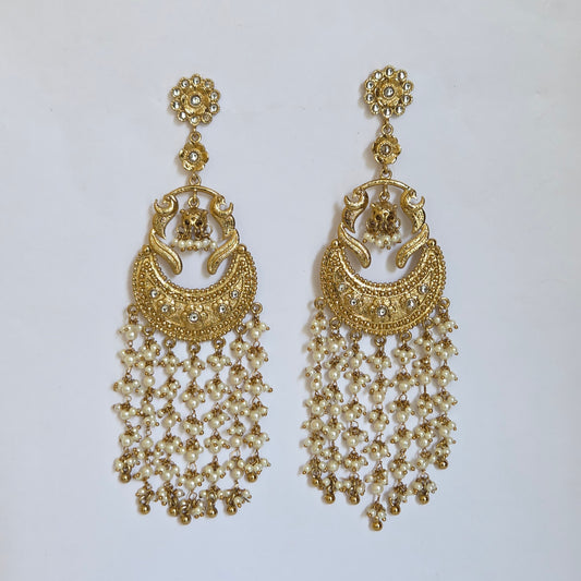 Antique Gold Chandbali Earrings with Pearl Tassel Fringe