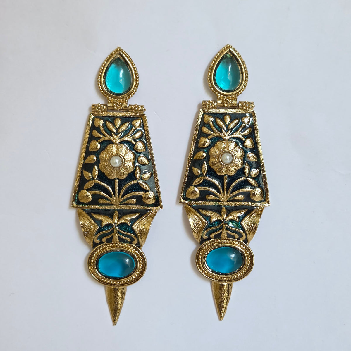 Antique Gold & Teal Enamel Floral Drop Statement Earrings