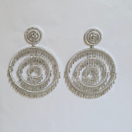 Silver-Toned American Diamond Concentric Ring Statement Earrings