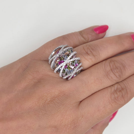 Multicolor Gemstone Criss-Cross Statement Ring