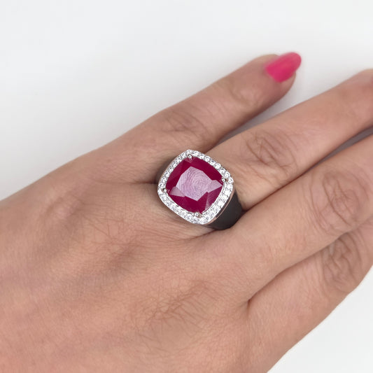 Cushion-Cut Ruby Halo Signet Ring