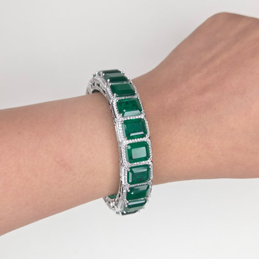 Emerald-Cut Green Crystal Halo Tennis Bracelet Set