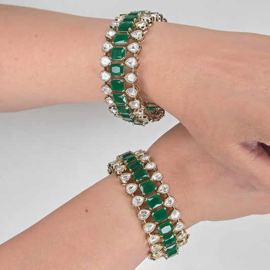 Emerald Green Stone and Polki Kundan Bangle Set