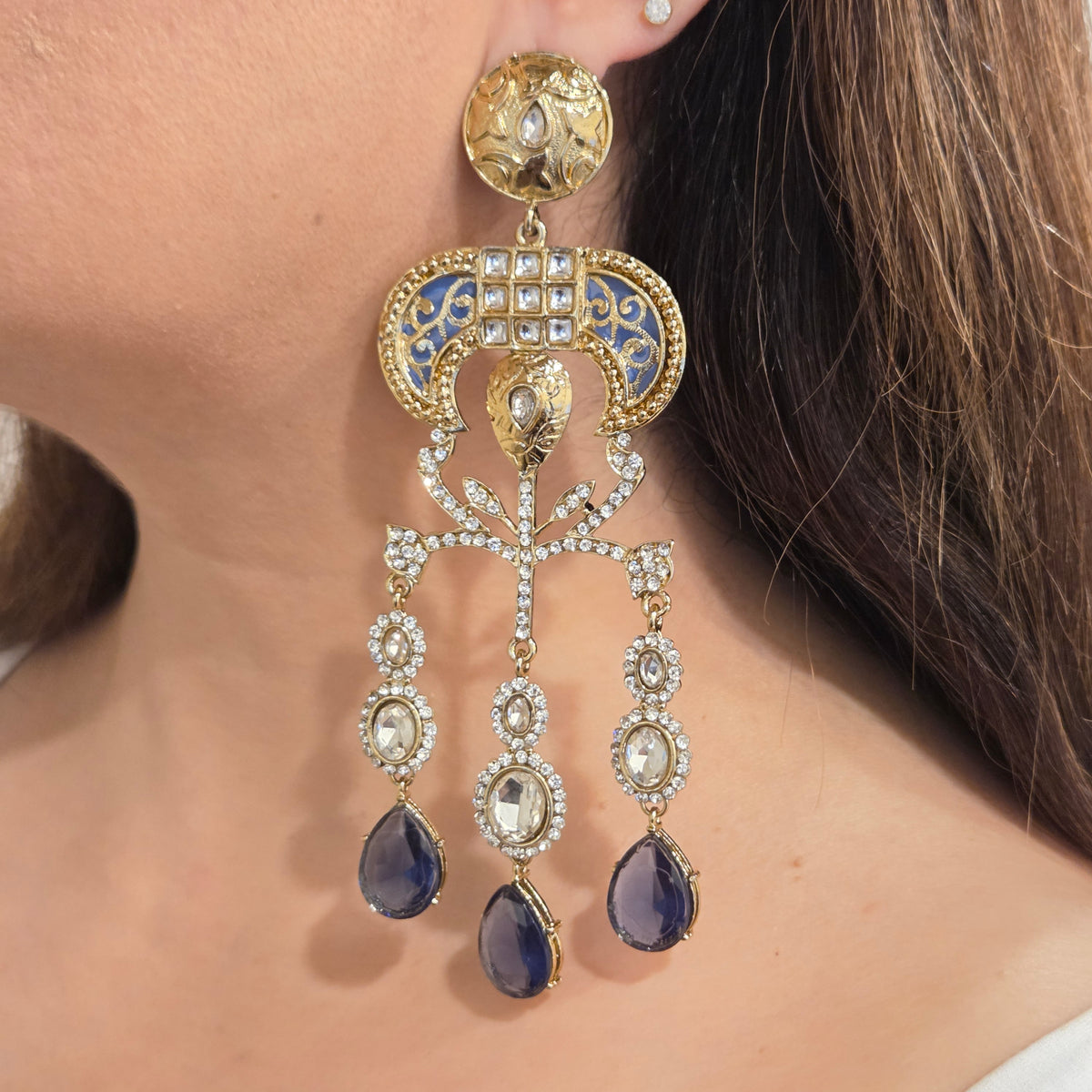 Antique Gold & Kundan Chandelier Earrings with Bluish-Violet Gemstone Drops