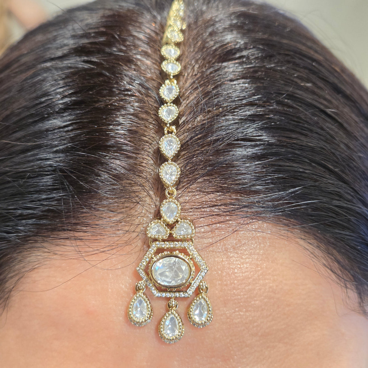 Royal Kundan/Polki Long Layered Necklace Set with Maang Tikka and Earrings