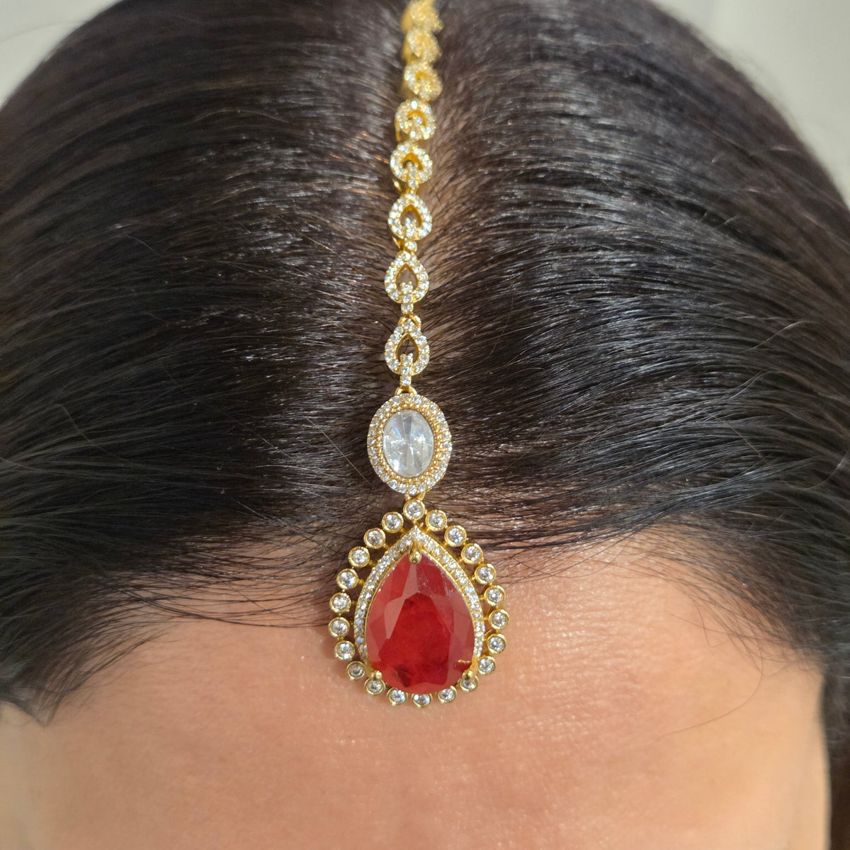 Red Quartz & Kundan Multi-Layered Necklace Set with Earrings and Maang Tikka