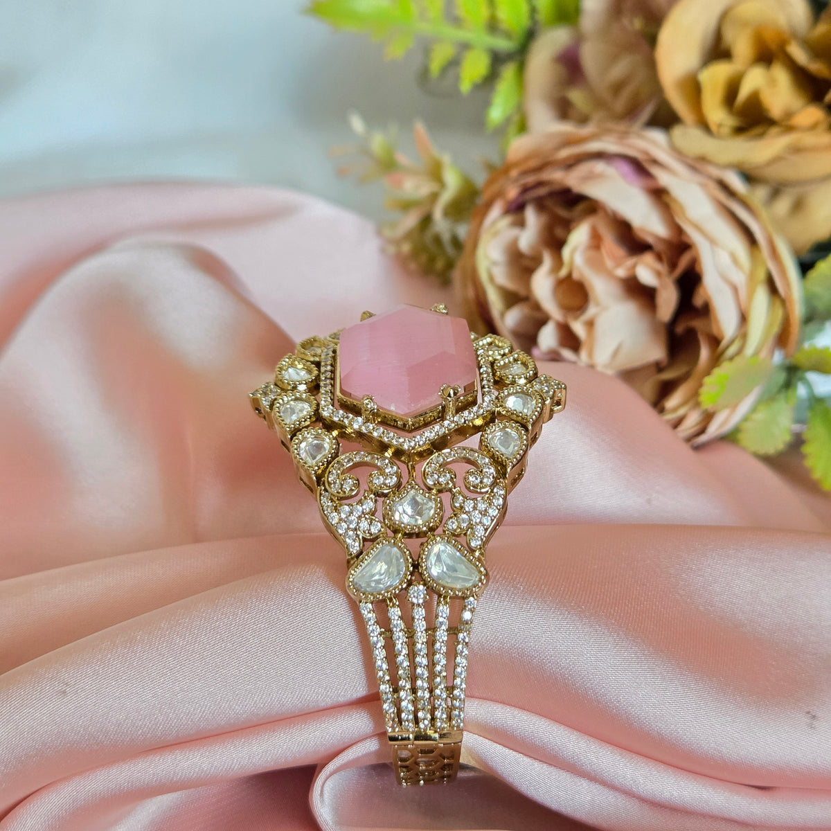 Hexagonal Pink Stone Kundan Style Statement Cuff