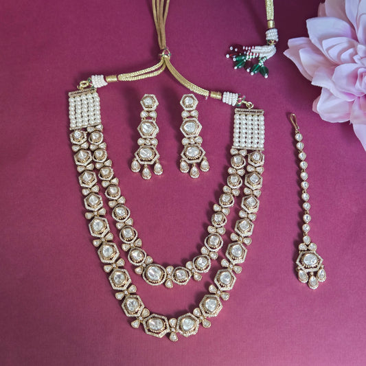Royal Kundan/Polki Long Layered Necklace Set with Maang Tikka and Earrings