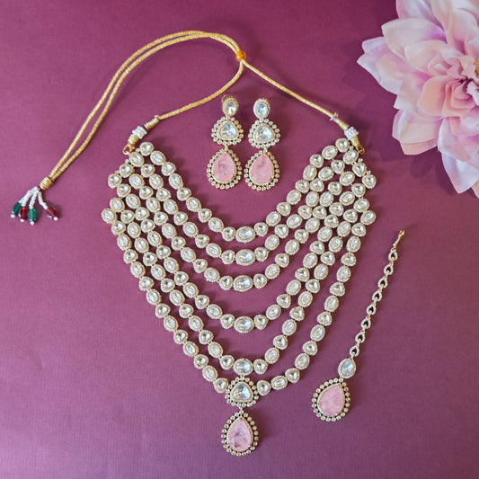 Blush Pink Quartz & Kundan Multi-Layered Necklace Set with Earrings and Maang Tikka