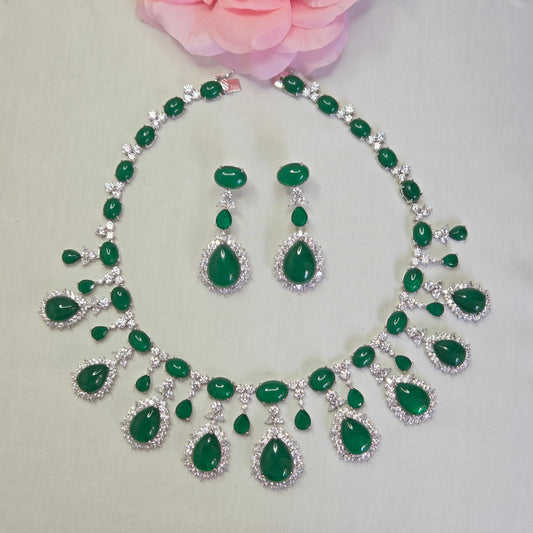Emerald Green Cabochon & Cubic Zirconia Statement Necklace Set