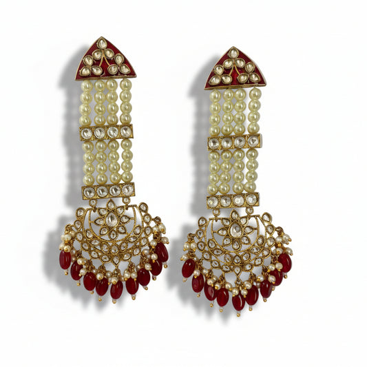 Long Pearl Earrings with Kundan Accented by Red Beads