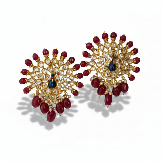 Peacock Motif Kundan Studs with Red Beads