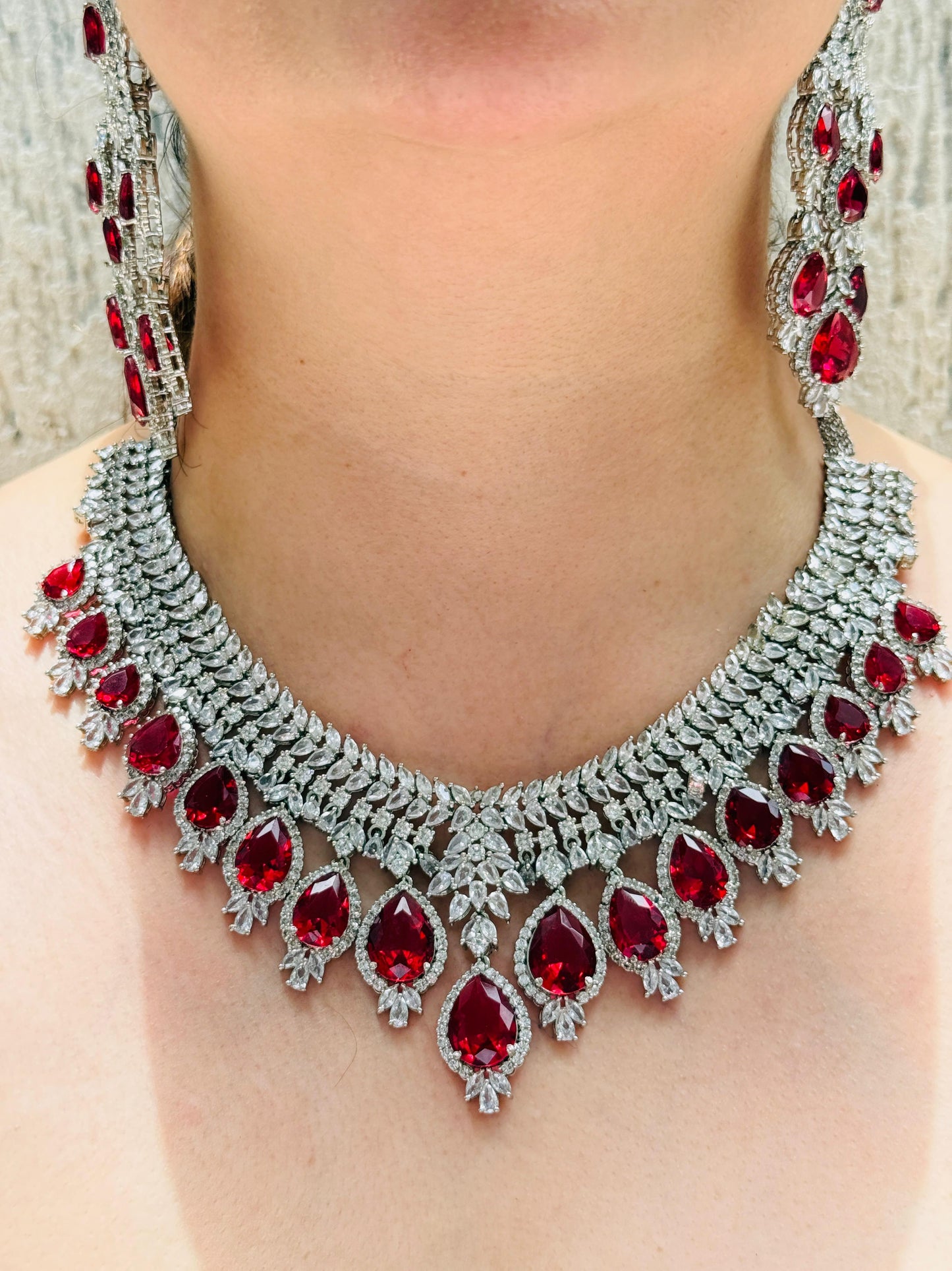 White Finish Red Zircon Necklace Set