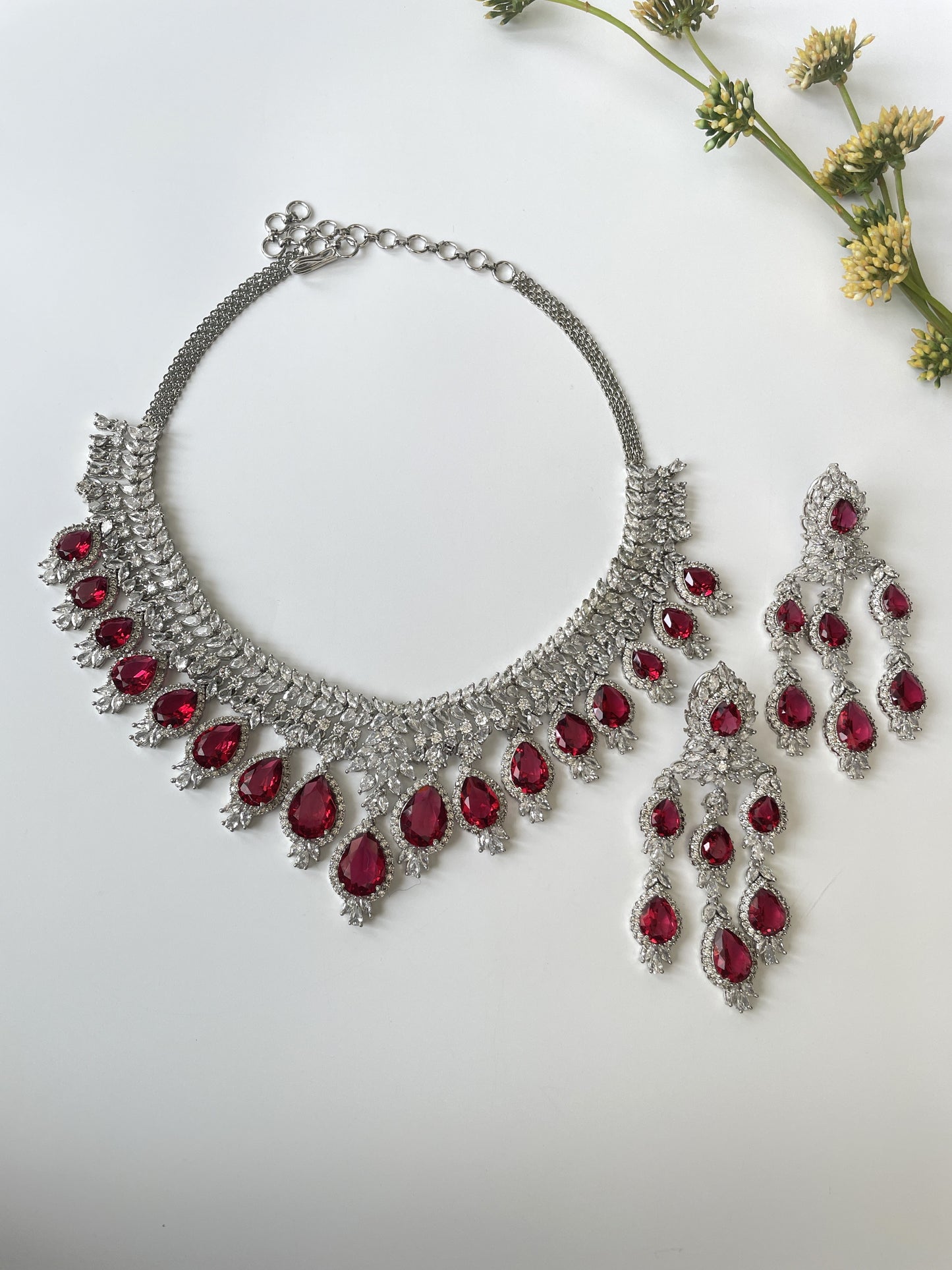 White Finish Red Zircon Necklace Set