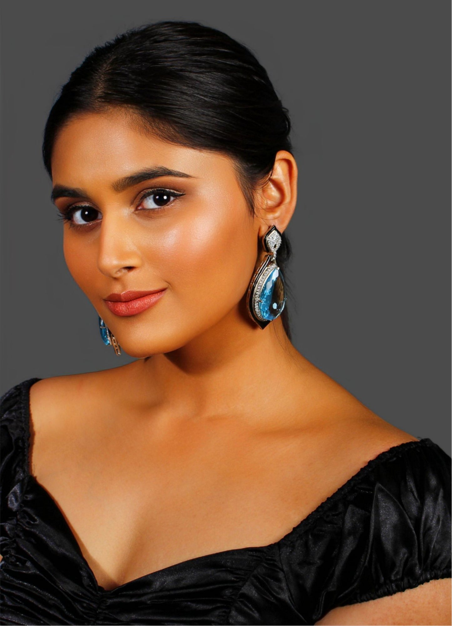 Aqua Doublet Crystal and Zircon Earrings with Enamel Borders