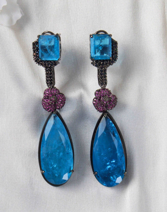 Black and Pink Zircon Earrings with Blue Crystals