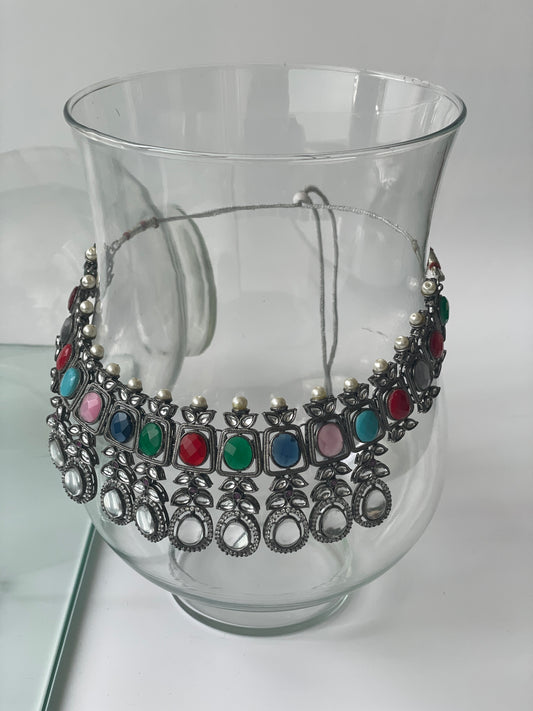 Black Rhodium Finish Multi Stone Necklace Set