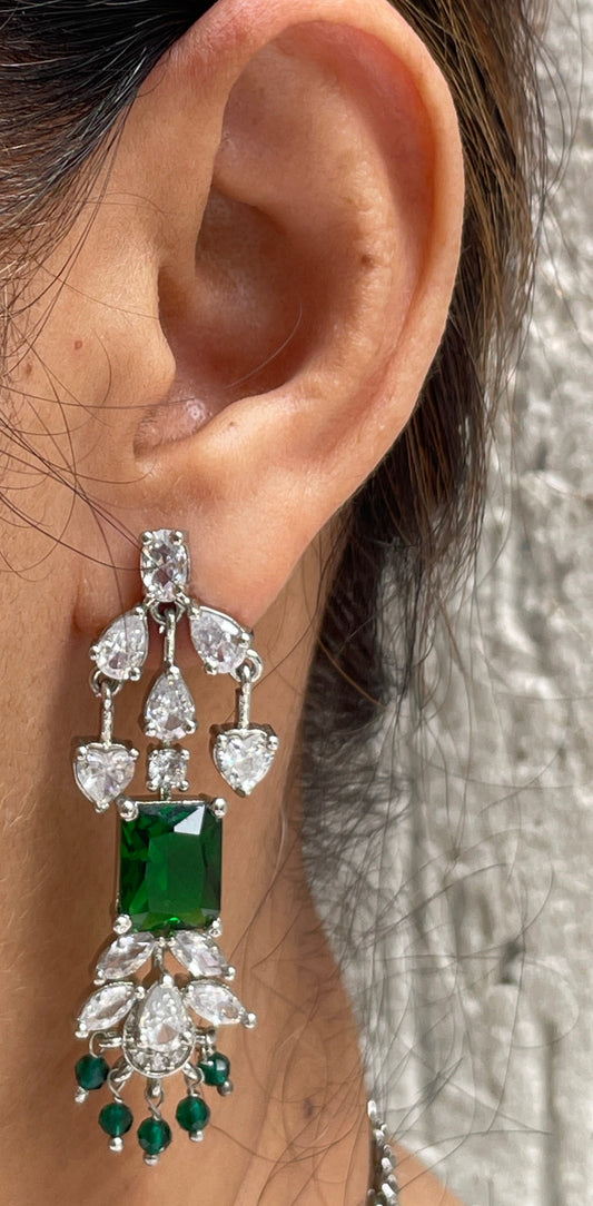 Zircon V Neck Choker with Earrings and Green Stones
