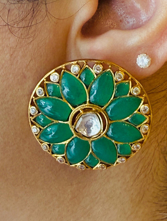 Kundan Stud Earrings with Green Stone