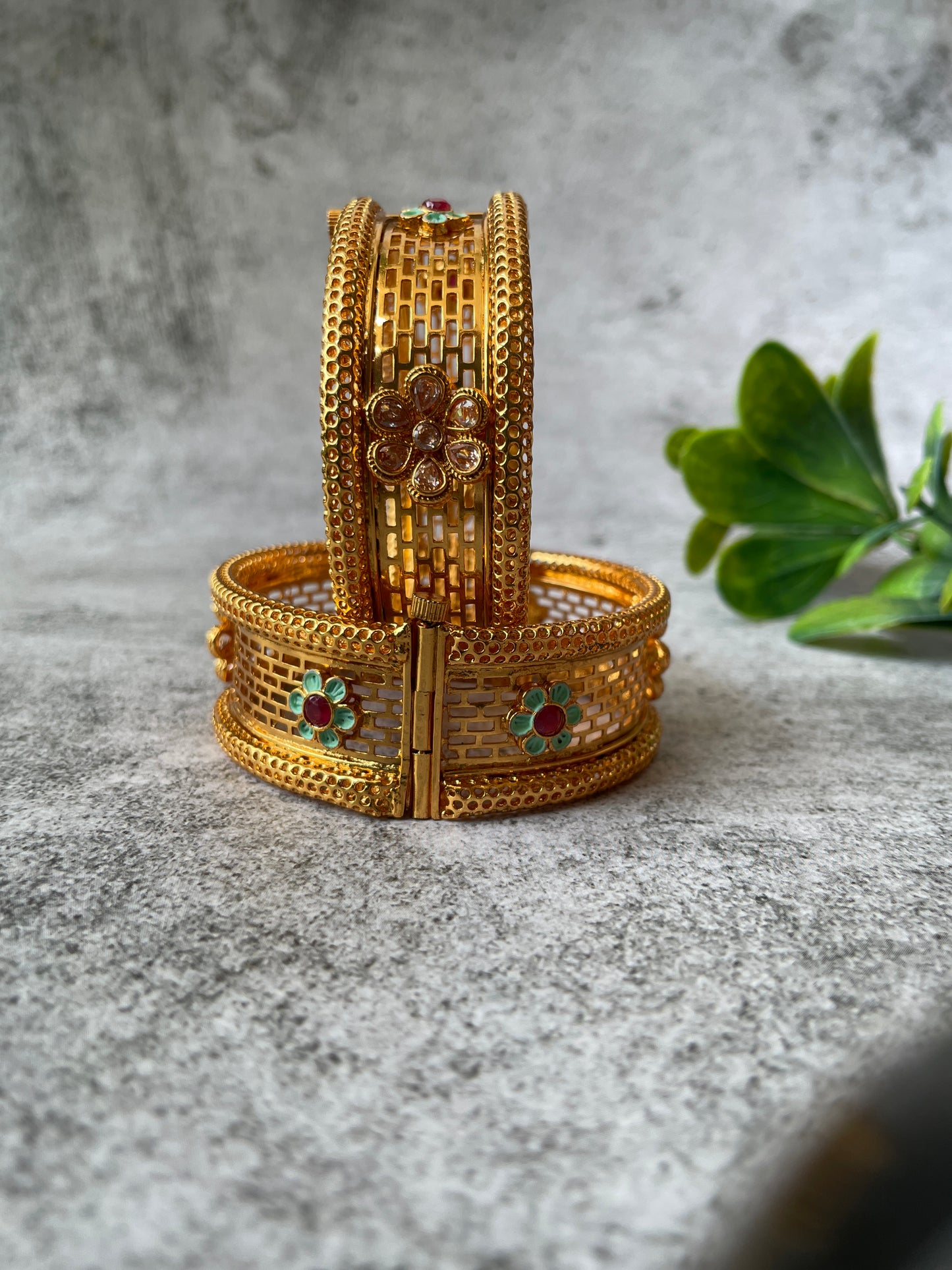 Gold Finish Filigree and Enamel Studded Broad Bangle Set
